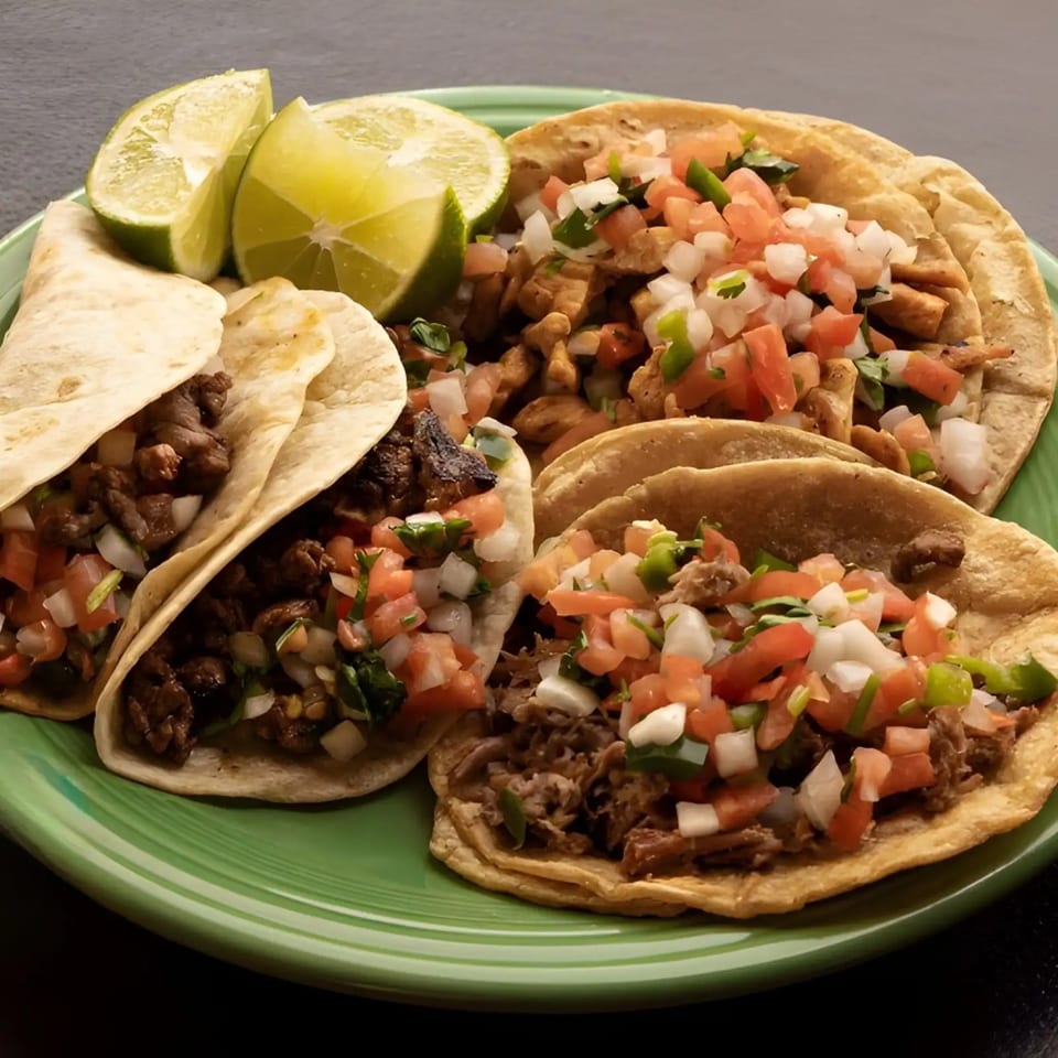 A green plate holds several Dos Charros tacos filled with meat, pico de gallo, and lime wedges.
