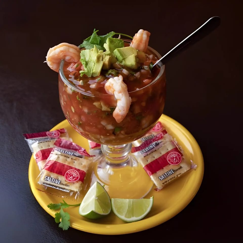Dos Charros shrimp cocktail with avocado, cilantro, lime, and saltine crackers on a yellow plate.